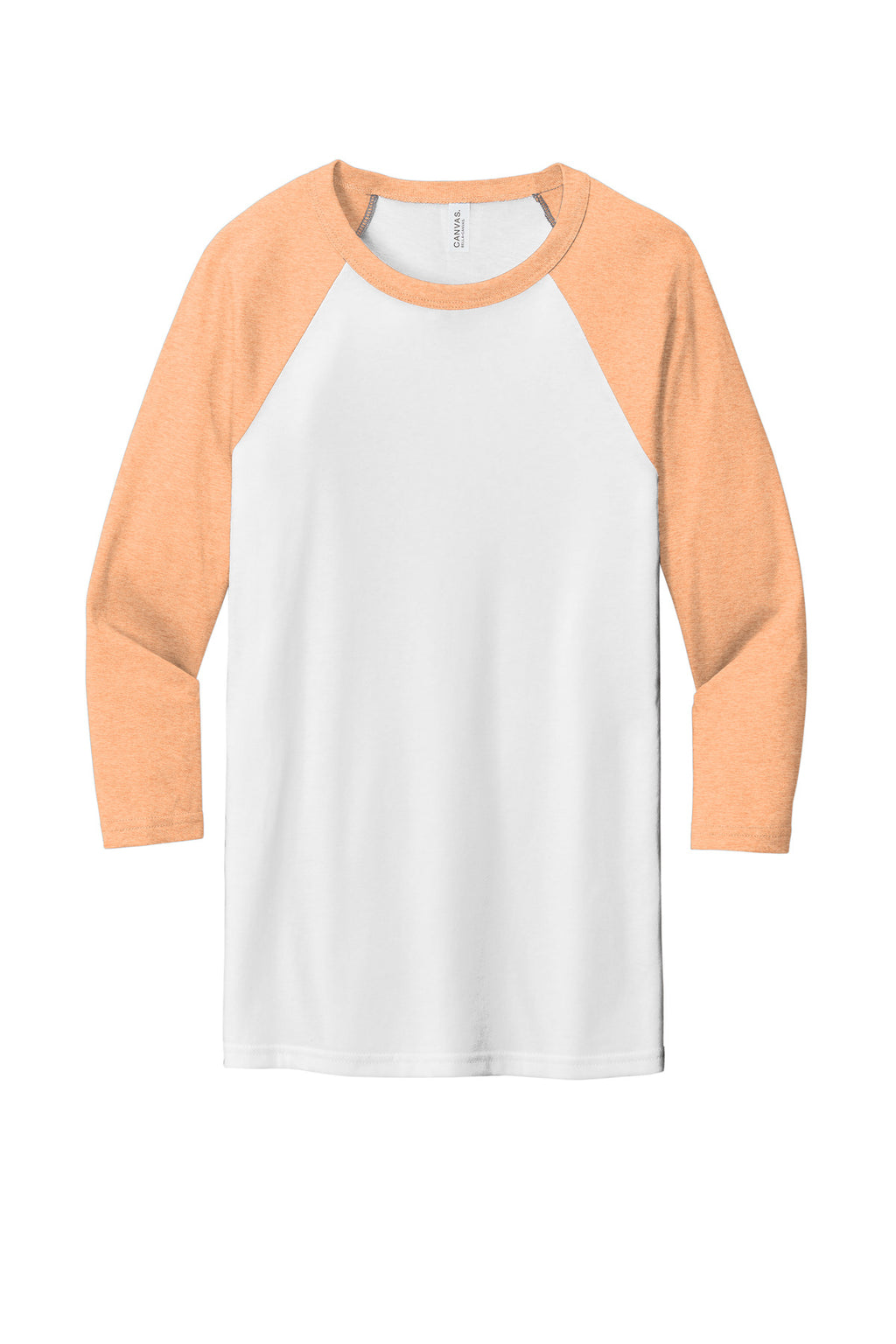 Front View of White/Ht Peach BELLA+CANVAS Unisex 3/4-Sleeve Baseball Tee. BC3200