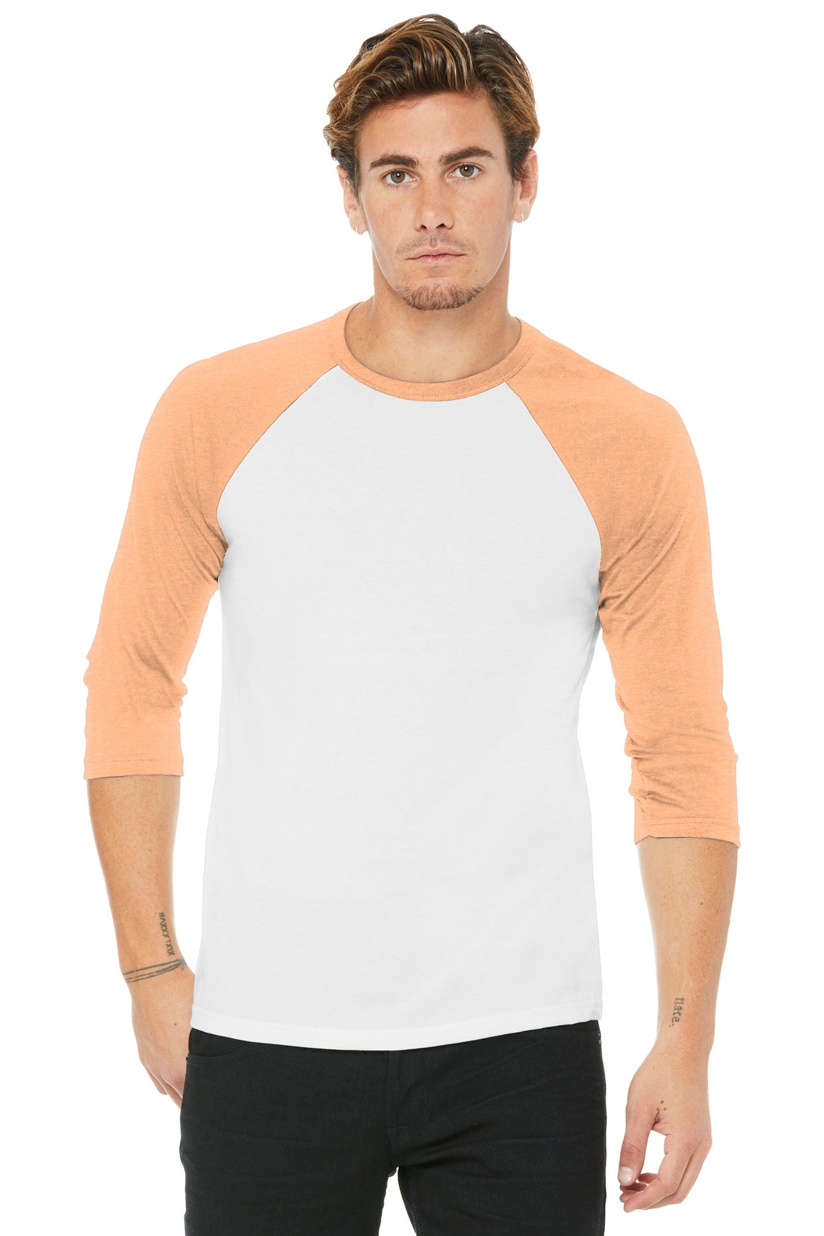 Front View of White/Ht Peach BELLA+CANVAS Unisex 3/4-Sleeve Baseball Tee. BC3200