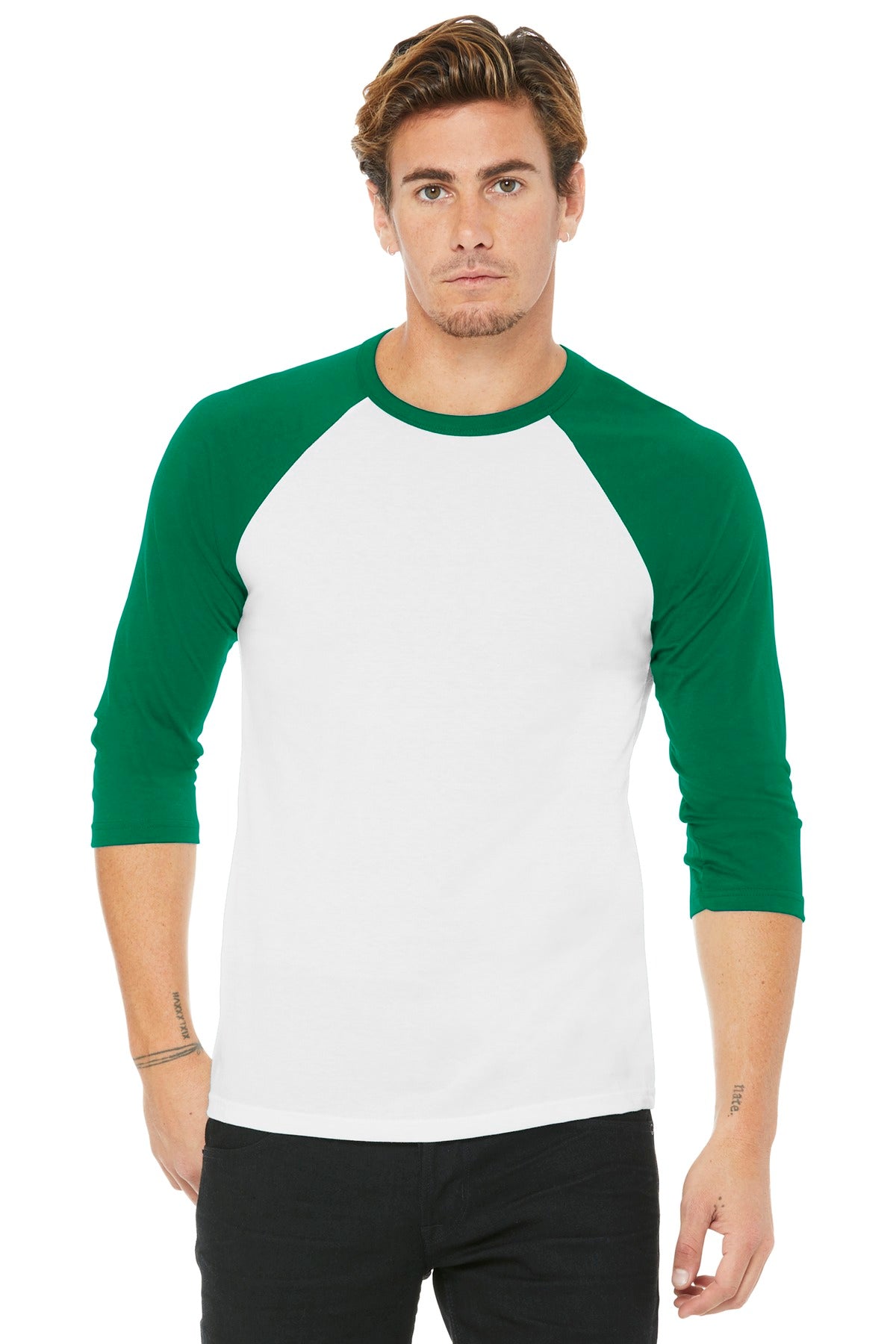 Front View of White/Kelly BELLA+CANVAS Unisex 3/4-Sleeve Baseball Tee. BC3200