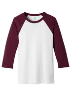 Front View of White/Maroon BELLA+CANVAS Unisex 3/4-Sleeve Baseball Tee. BC3200