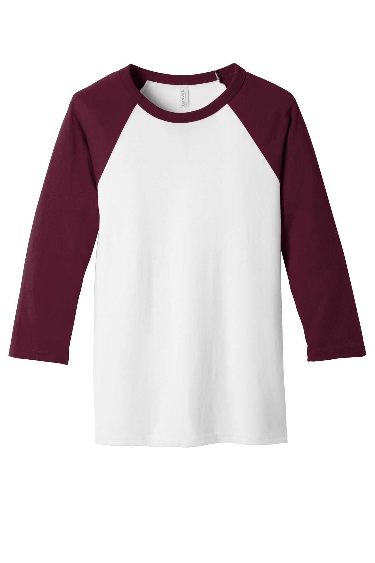 Front View of White/Maroon BELLA+CANVAS Unisex 3/4-Sleeve Baseball Tee. BC3200