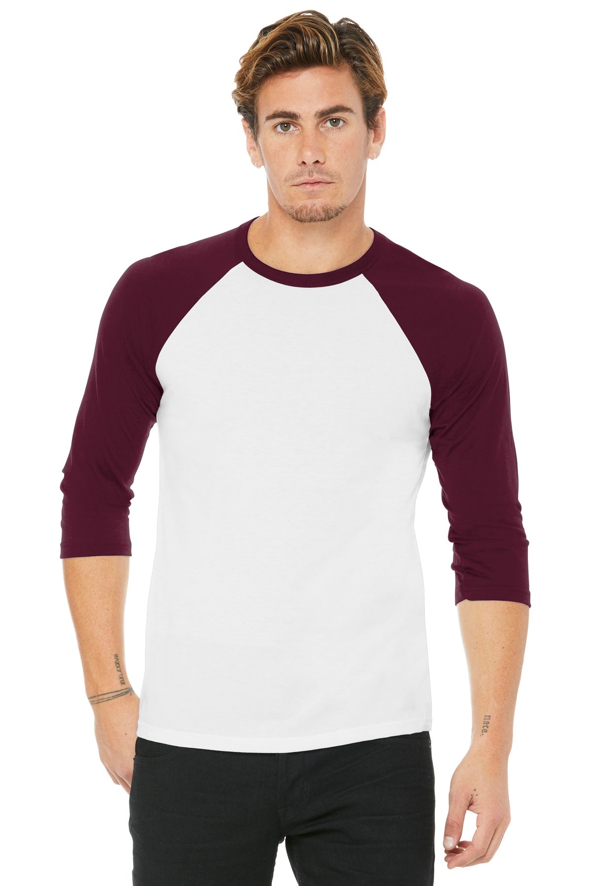 Front View of White/Maroon BELLA+CANVAS Unisex 3/4-Sleeve Baseball Tee. BC3200
