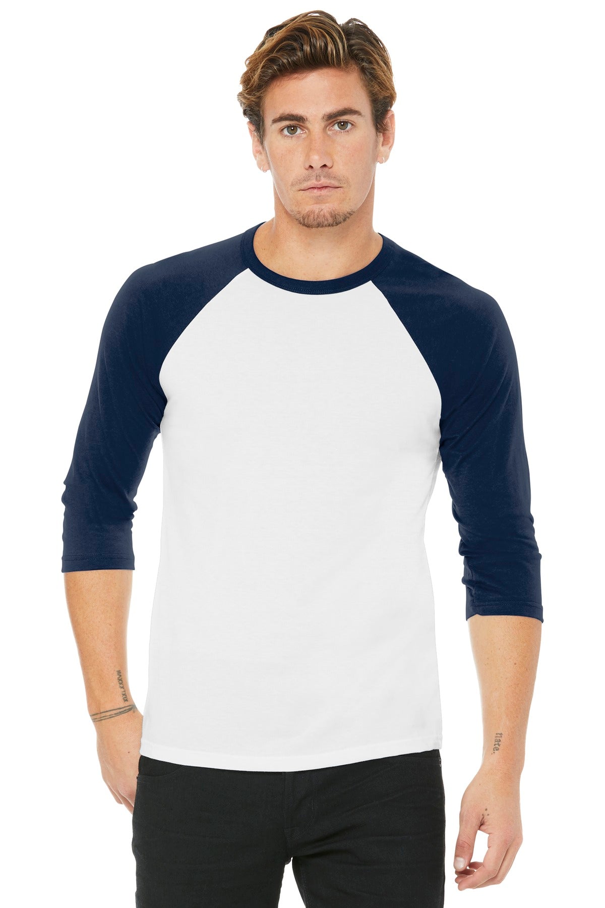 Front View of White/Navy BELLA+CANVAS Unisex 3/4-Sleeve Baseball Tee. BC3200
