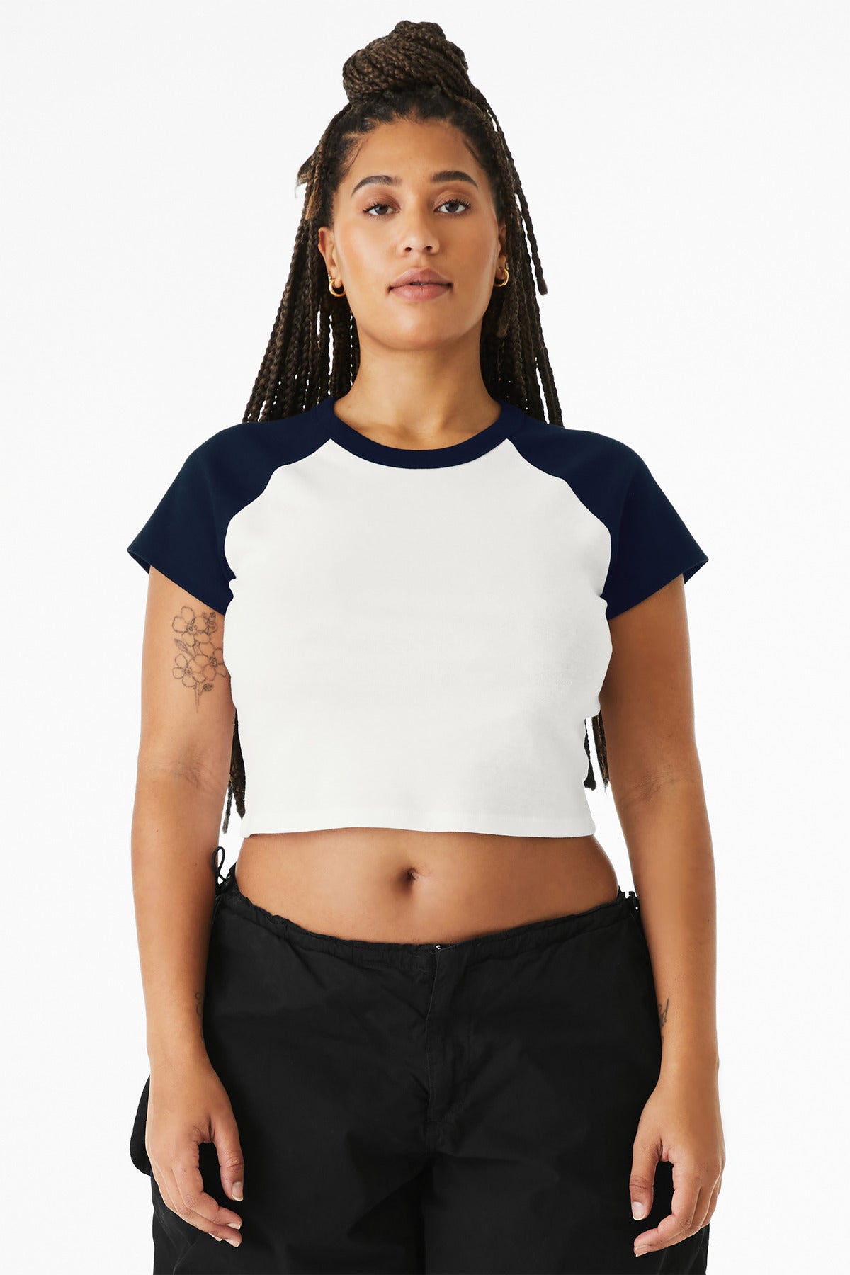 Front View of White/Navy BELLA+CANVAS Women's Micro Rib Raglan Baby Tee BC1201