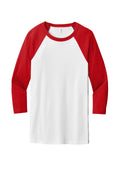 Front View of White/Red BELLA+CANVAS Unisex 3/4-Sleeve Baseball Tee. BC3200