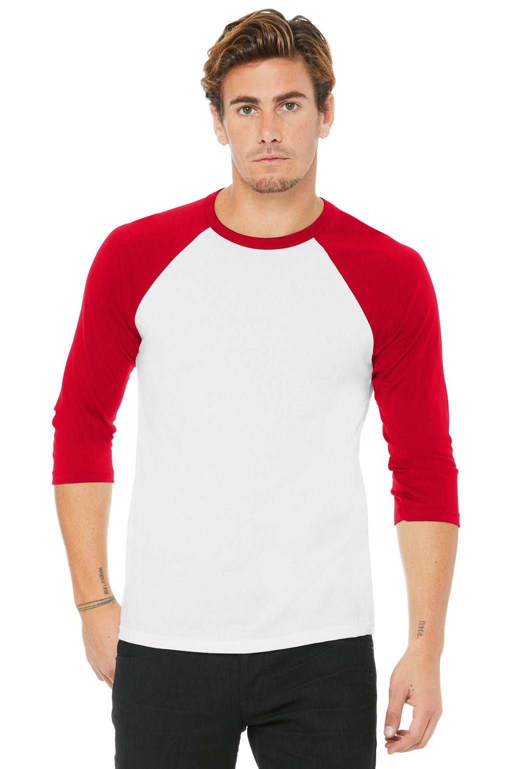 Front View of White/Red BELLA+CANVAS Unisex 3/4-Sleeve Baseball Tee. BC3200