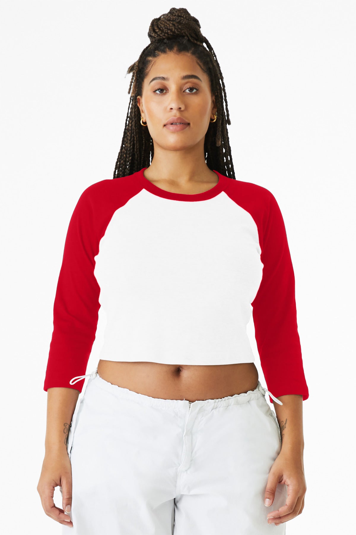 Front View of White/Red BELLA+CANVAS Women's Micro Rib 3/4 Raglan Baby Tee BC1200