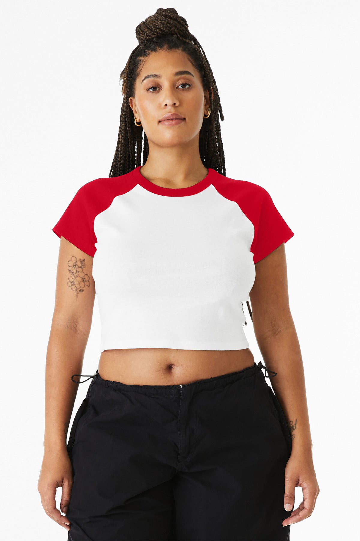 Front View of White/Red BELLA+CANVAS Women's Micro Rib Raglan Baby Tee BC1201