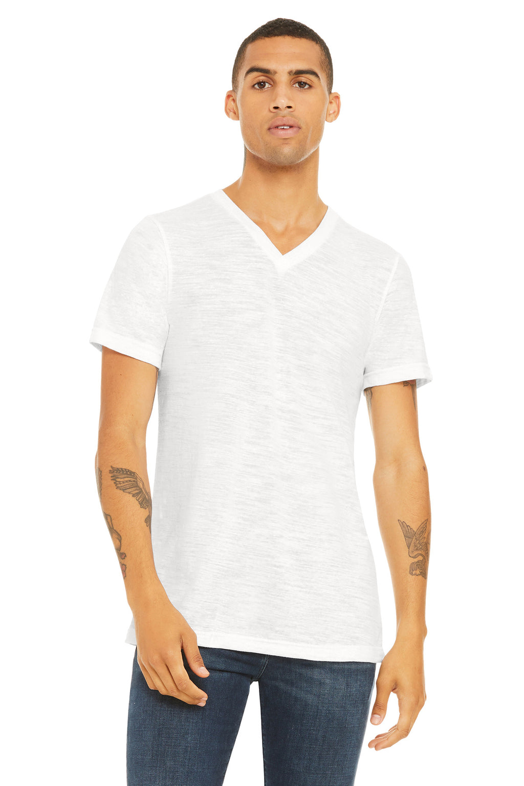 Front View of WhiteSlub BELLA+CANVAS Unisex Textured Jersey V-Neck Tee BC3655
