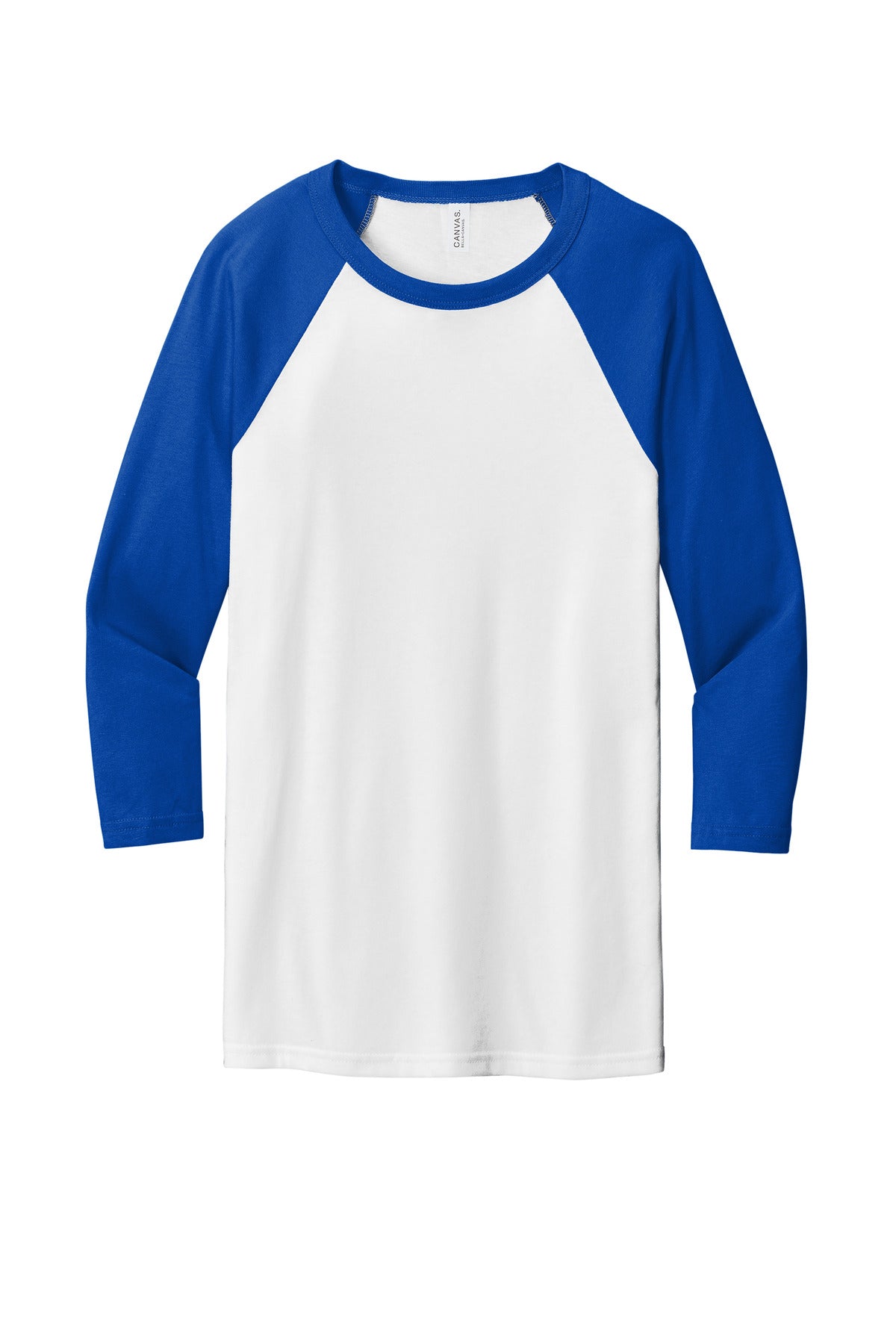 Front View of White/Tr Royal BELLA+CANVAS Unisex 3/4-Sleeve Baseball Tee. BC3200