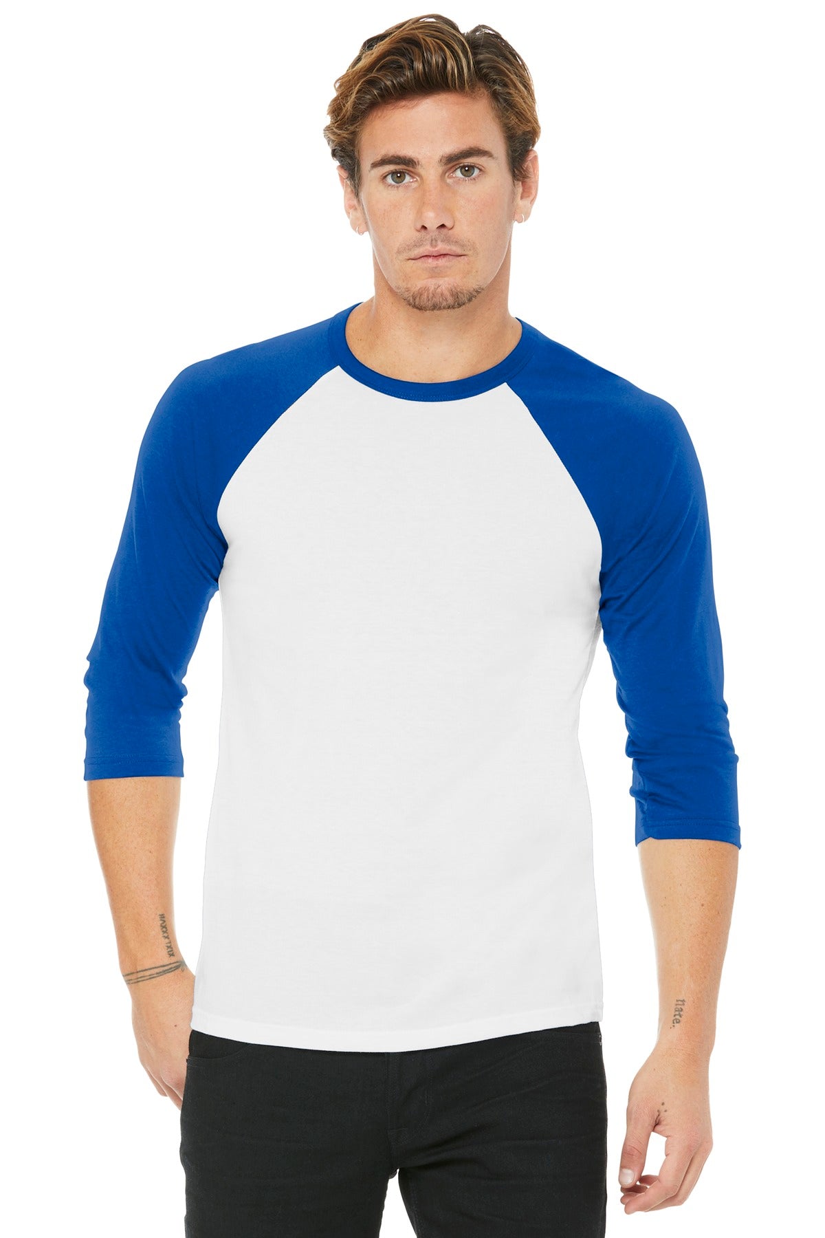Front View of White/Tr Royal BELLA+CANVAS Unisex 3/4-Sleeve Baseball Tee. BC3200