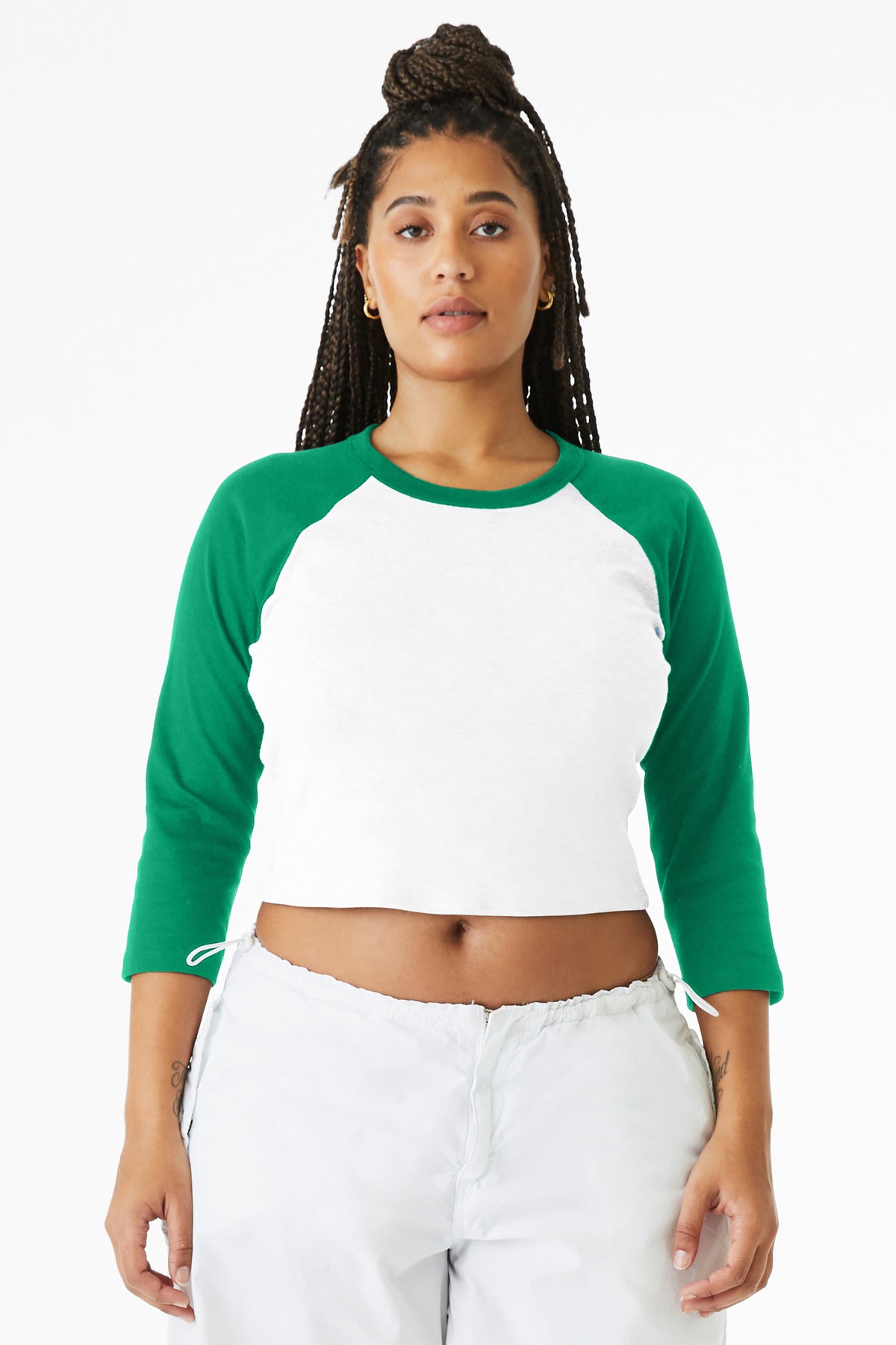 Front View of Wht/Kelly BELLA+CANVAS Women's Micro Rib 3/4 Raglan Baby Tee BC1200