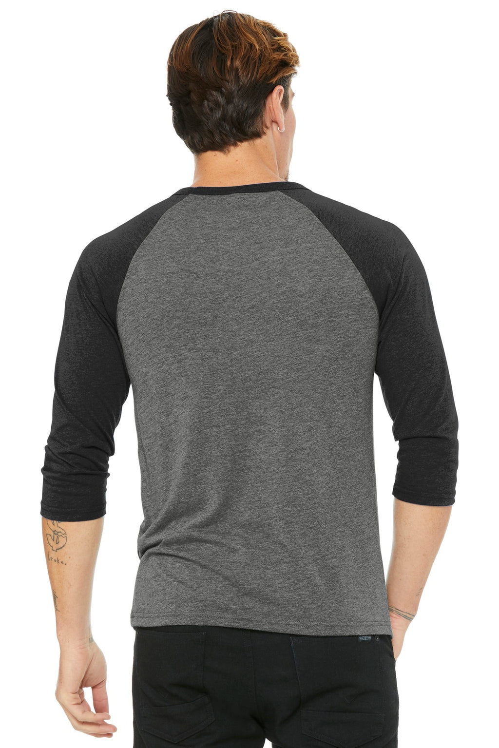 Grey/CharBk TB BELLA+CANVAS Unisex 3/4-Sleeve Baseball Tee. BC3200
