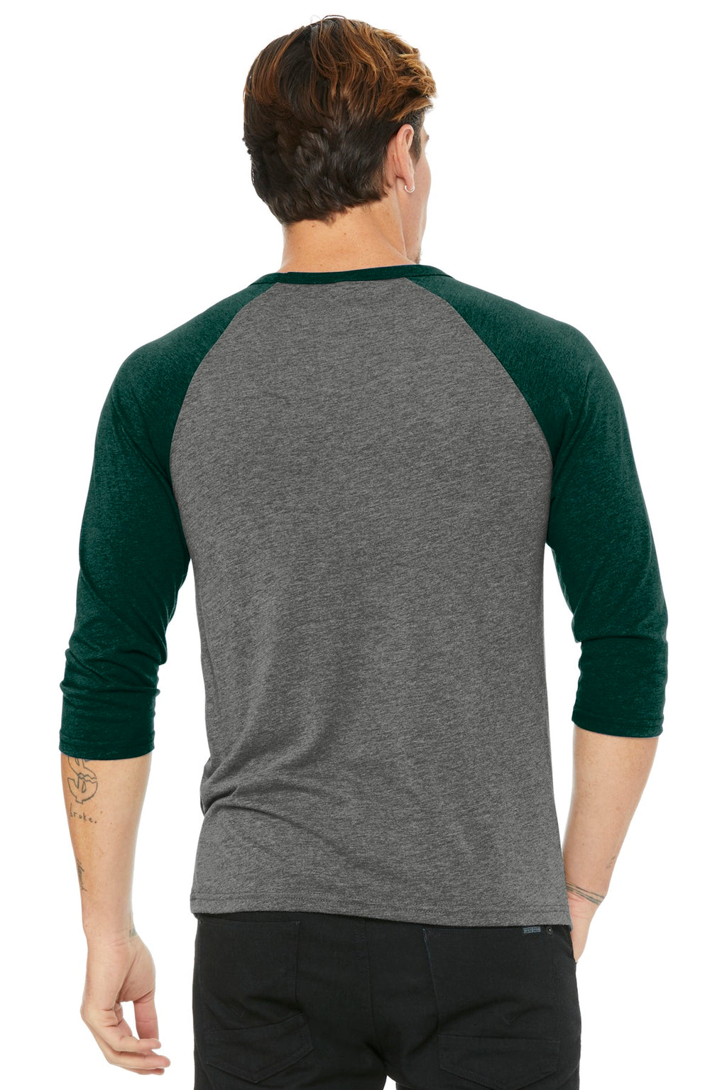 Grey/Emerld TB BELLA+CANVAS Unisex 3/4-Sleeve Baseball Tee. BC3200