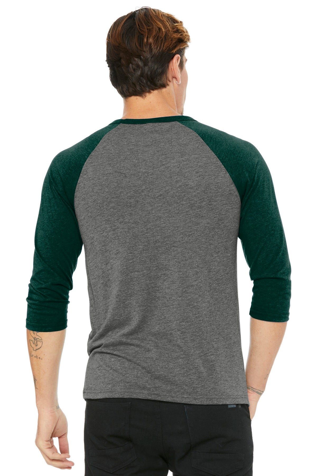 Grey/Emerld TB BELLA+CANVAS Unisex 3/4-Sleeve Baseball Tee. BC3200