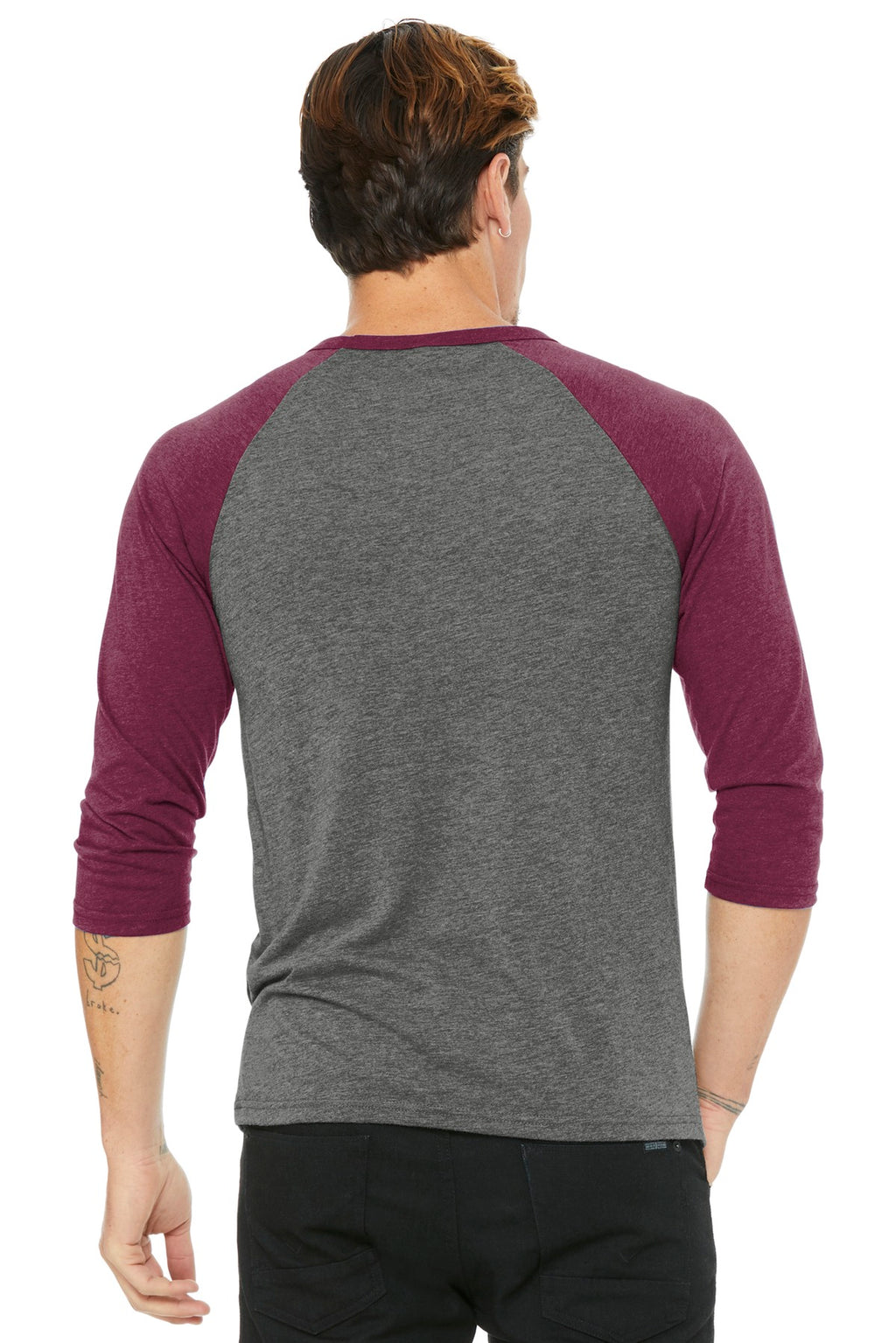 Grey/Maroon TB BELLA+CANVAS Unisex 3/4-Sleeve Baseball Tee. BC3200