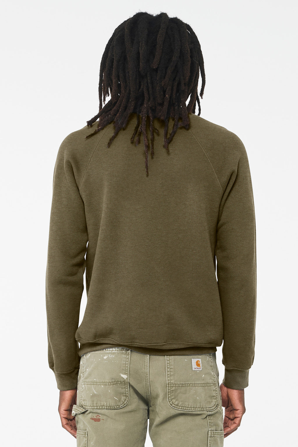 HthrOlive BELLA+CANVAS Unisex Sponge Fleece Raglan Sweatshirt. BC3901