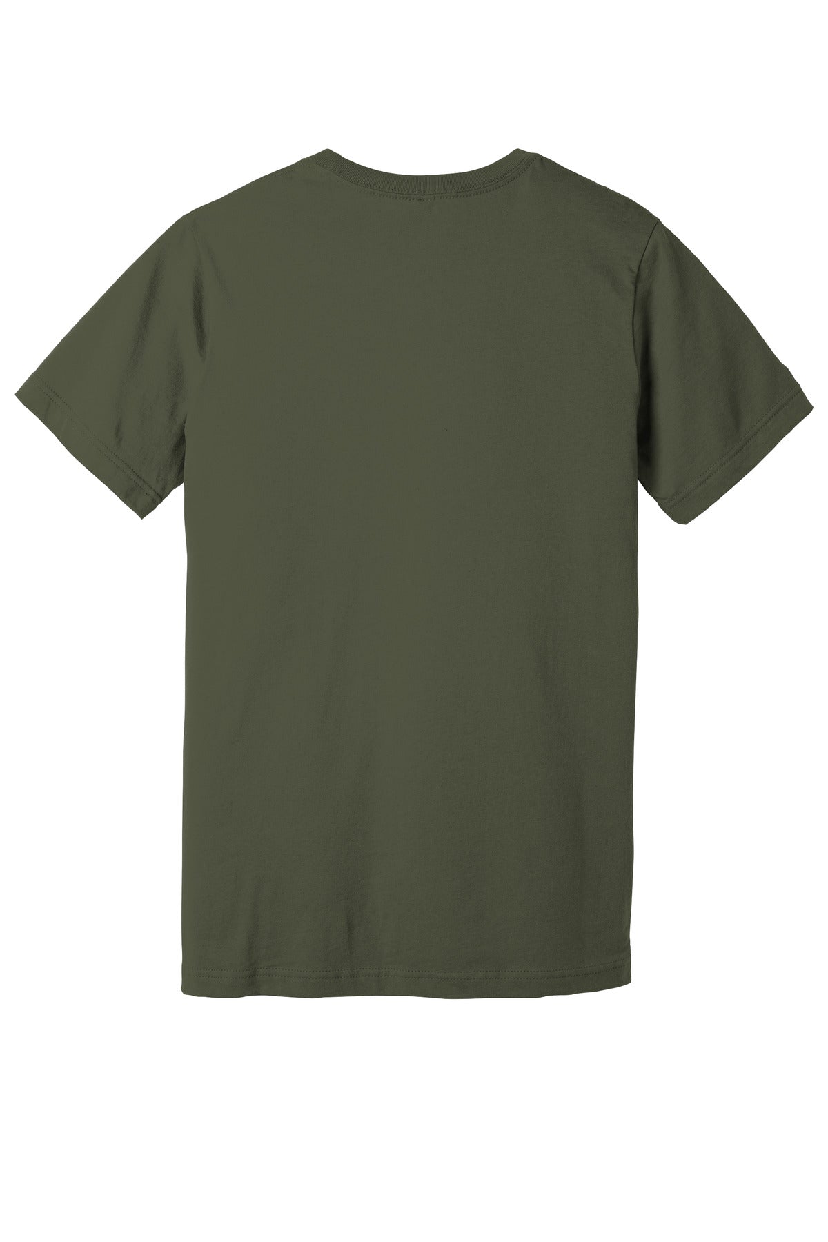 Rear View of Army BELLA+CANVAS Unisex Jersey Short Sleeve Tee. BC3001