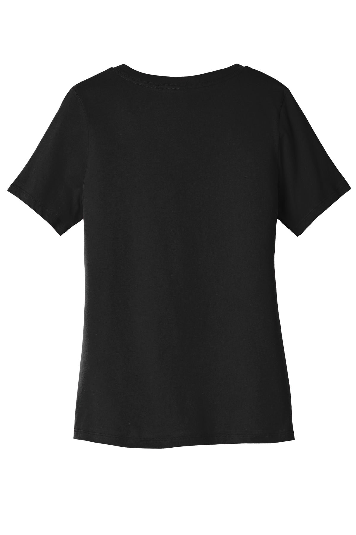 Rear View of Black BELLA+CANVAS Women's Relaxed Jersey Short Sleeve V-Neck Tee. BC6405
