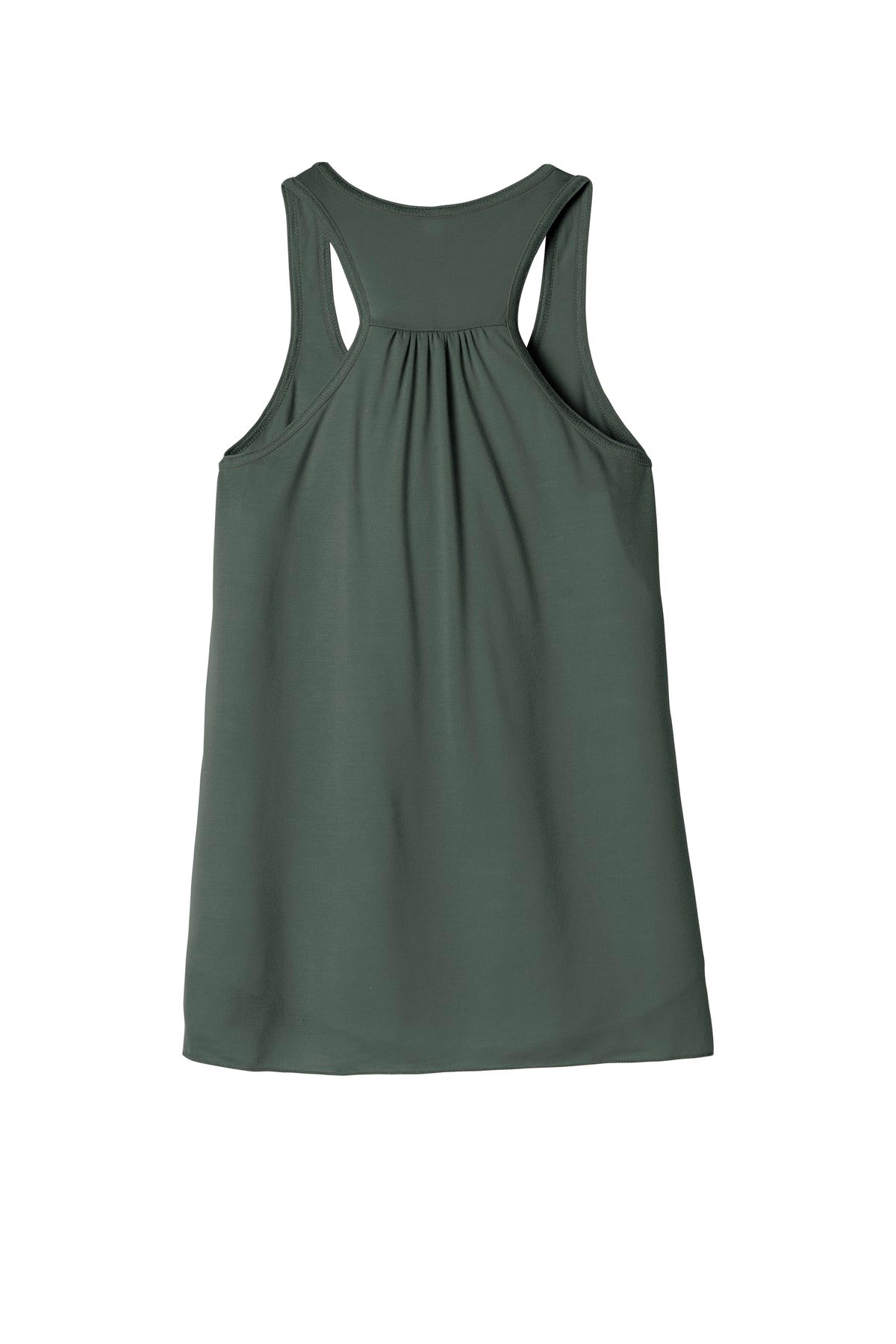 Rear View of Military Green BELLA+CANVAS Women's Flowy Racerback Tank. BC8800