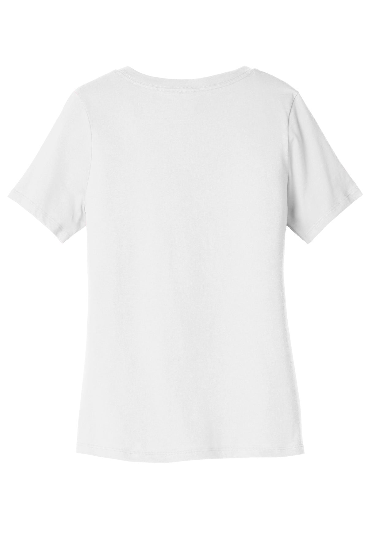 Rear View of White BELLA+CANVAS Women's Relaxed Jersey Short Sleeve V-Neck Tee. BC6405