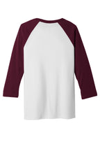 Rear View of White/Maroon BELLA+CANVAS Unisex 3/4-Sleeve Baseball Tee. BC3200