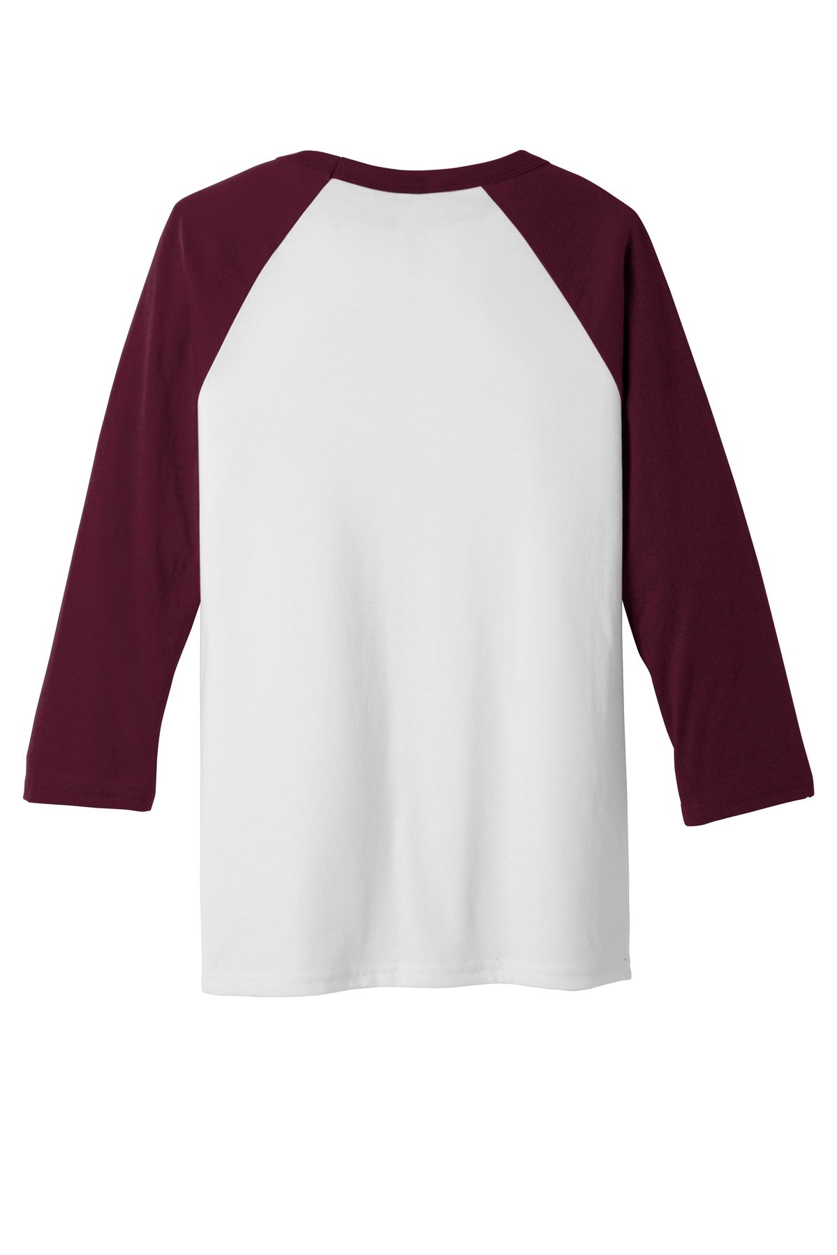 Rear View of White/Maroon BELLA+CANVAS Unisex 3/4-Sleeve Baseball Tee. BC3200