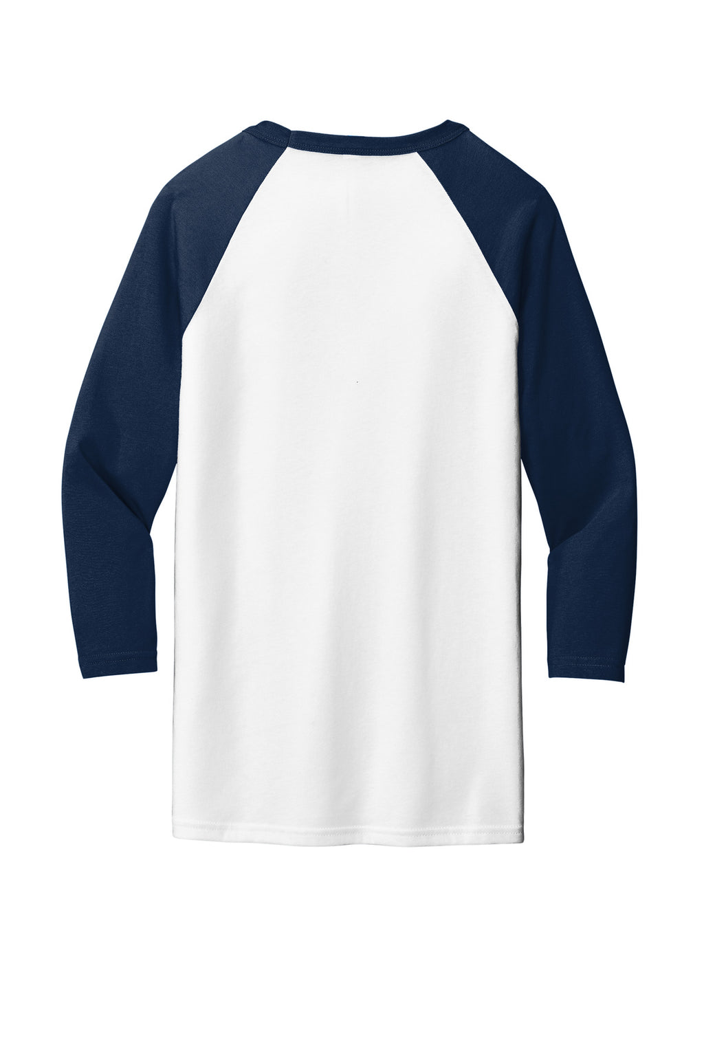Rear View of White/Navy BELLA+CANVAS Unisex 3/4-Sleeve Baseball Tee. BC3200