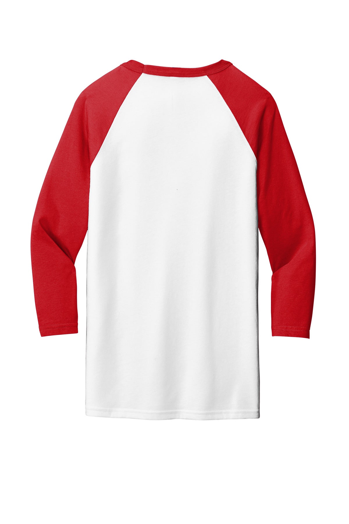 Rear View of White/Red BELLA+CANVAS Unisex 3/4-Sleeve Baseball Tee. BC3200