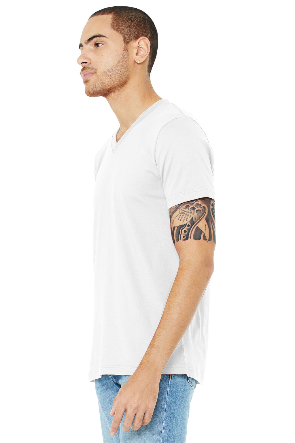 White BELLA+CANVAS Unisex Jersey Short Sleeve V-Neck Tee. BC3005