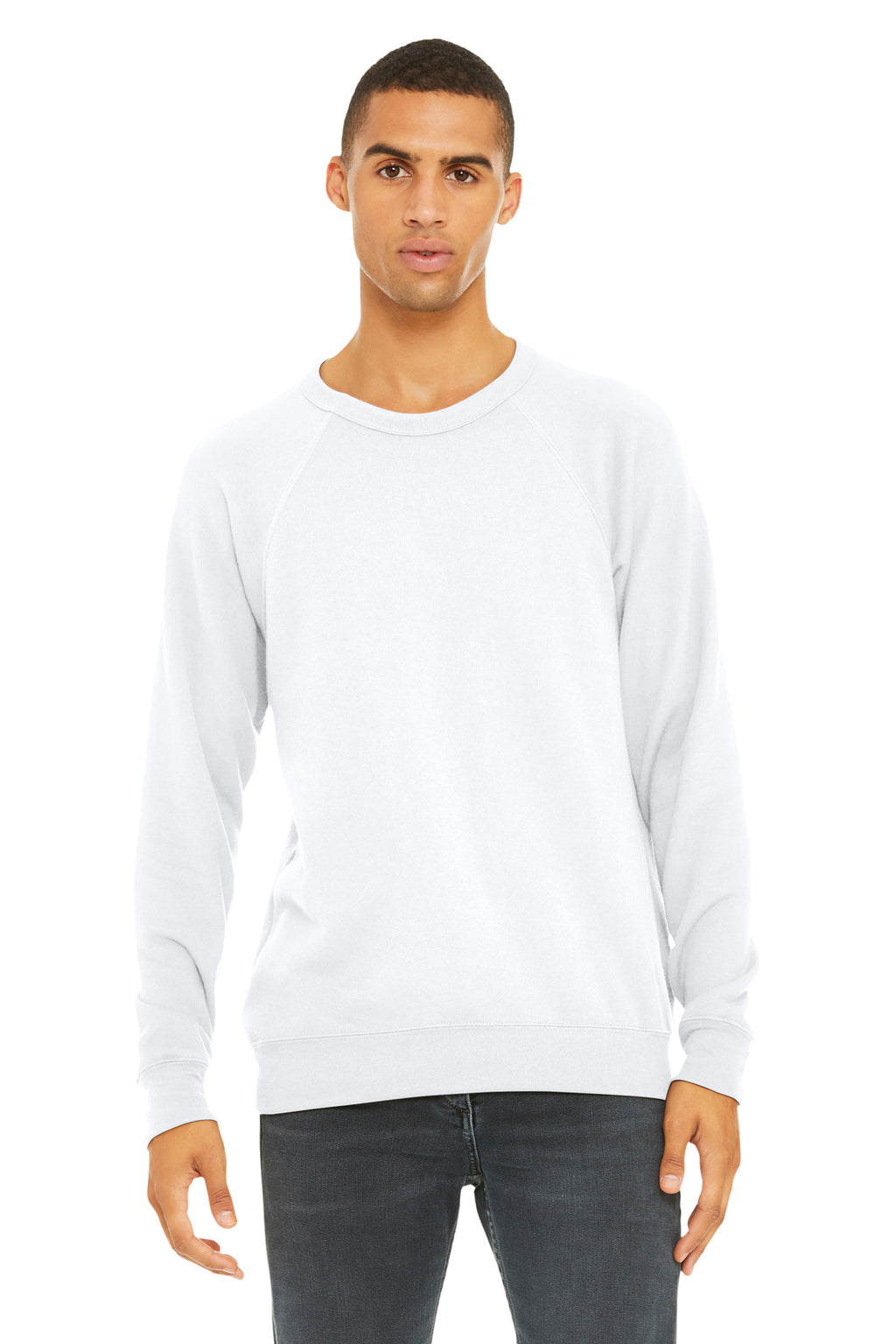 White BELLA+CANVAS Unisex Sponge Fleece Raglan Sweatshirt. BC3901
