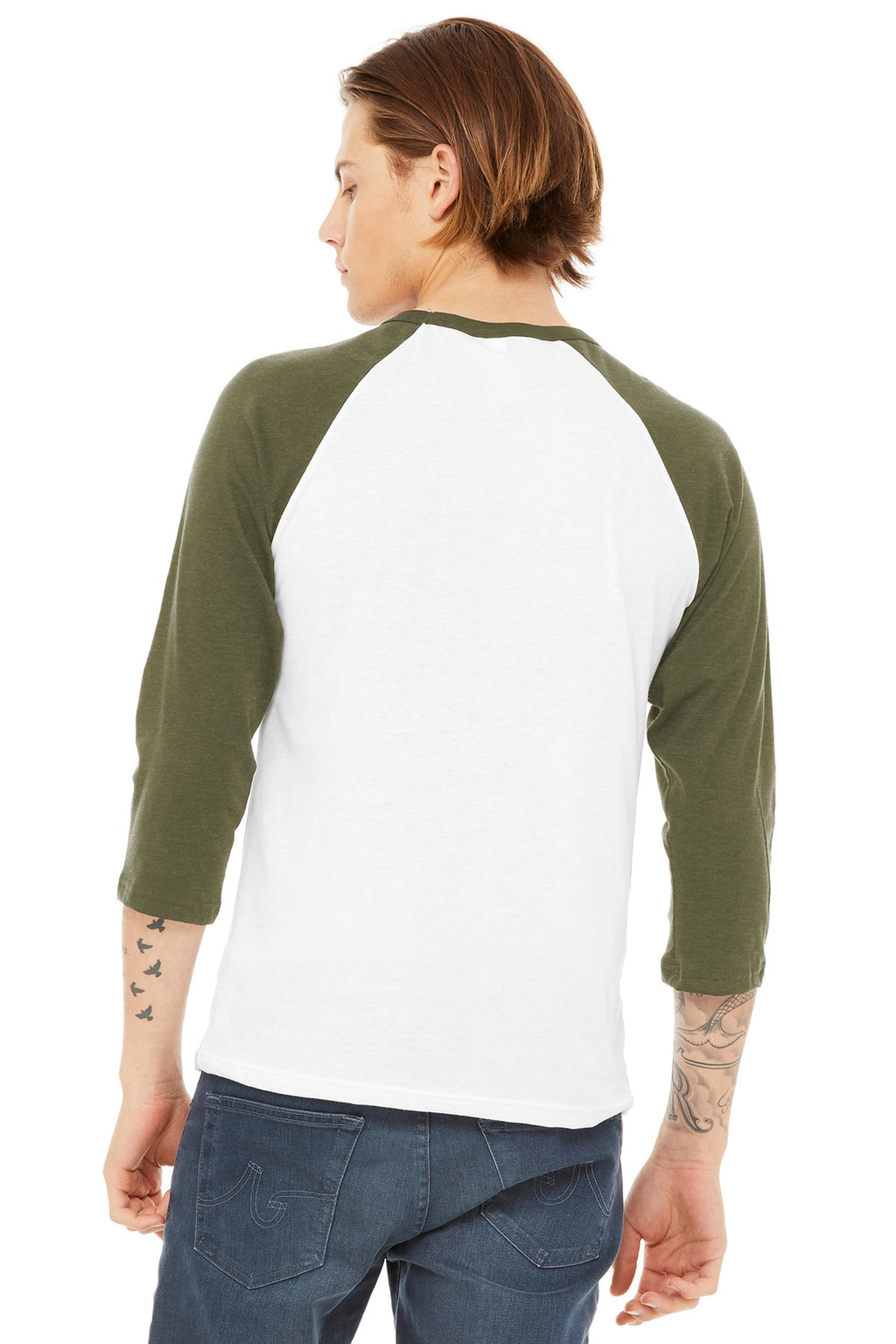 White/Ht Olive BELLA+CANVAS Unisex 3/4-Sleeve Baseball Tee. BC3200
