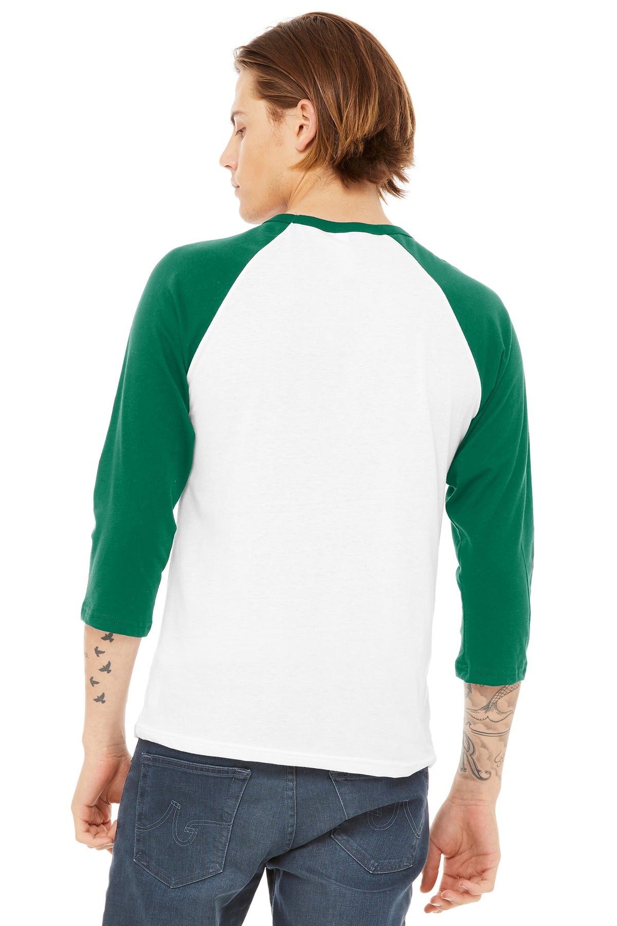 White/Kelly BELLA+CANVAS Unisex 3/4-Sleeve Baseball Tee. BC3200
