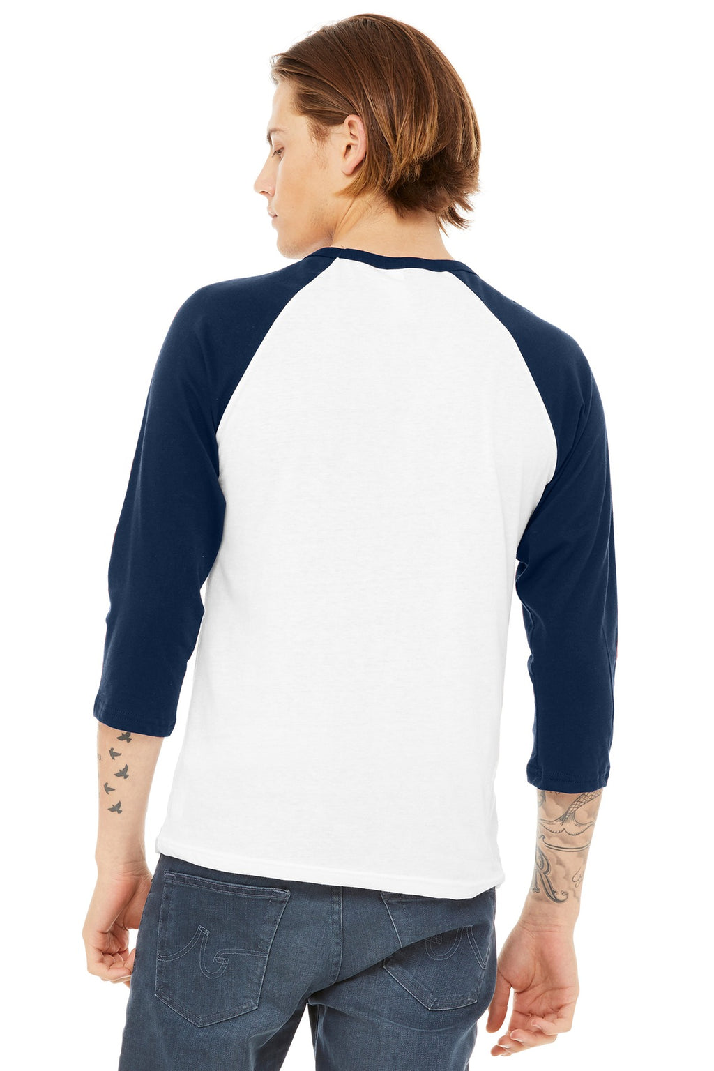 White/Navy BELLA+CANVAS Unisex 3/4-Sleeve Baseball Tee. BC3200