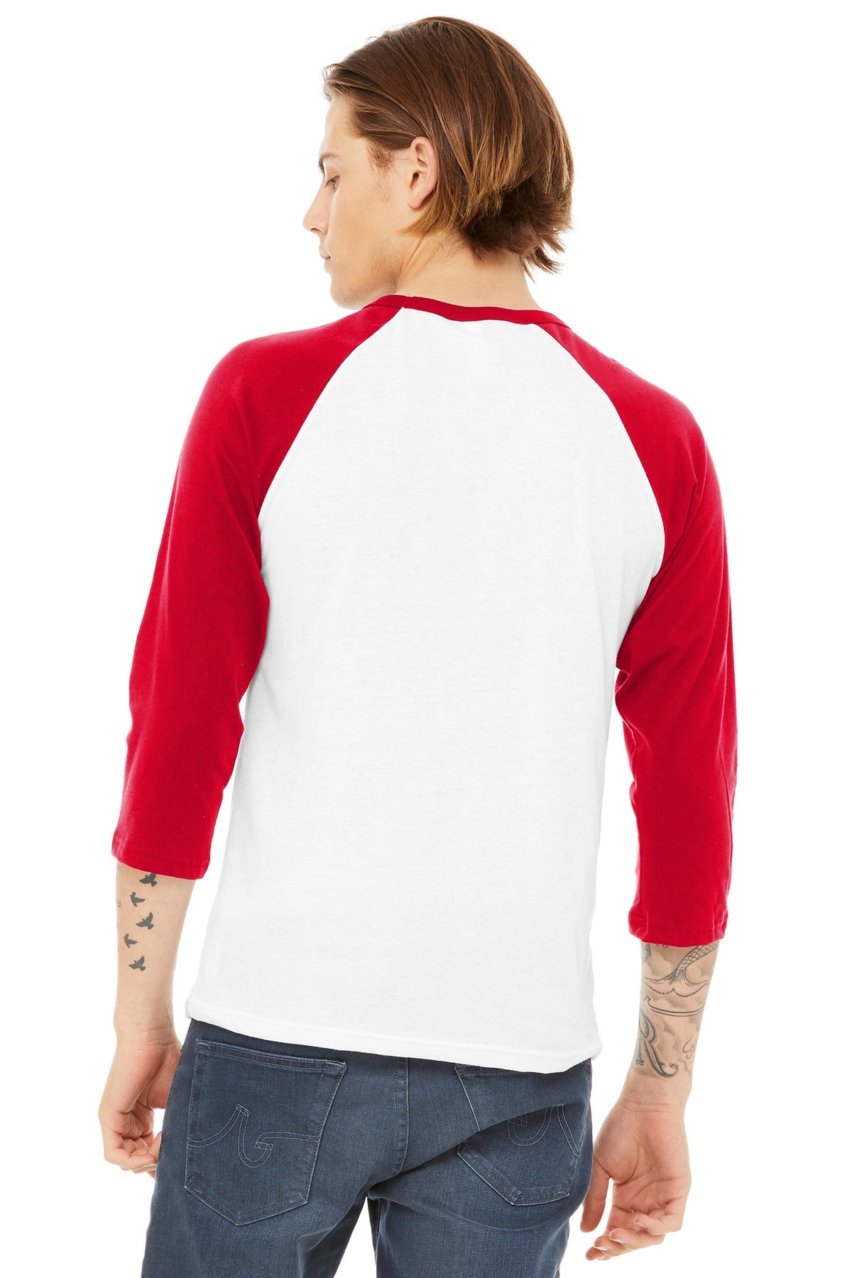 White/Red BELLA+CANVAS Unisex 3/4-Sleeve Baseball Tee. BC3200